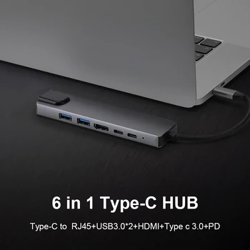 6 u 1 USB C HUB Priključne pretvarač 2 USB 3.0 4K HDMI-kompatibilni adapter za punjenje Type-C 100 W PD sa nekoliko USB-stanicama RJ45