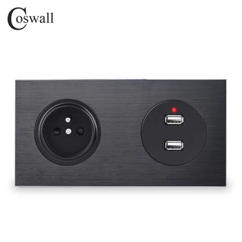 Coswall Potpuno Aluminijska Metalna Ploča Crna Francuski Standardne Zidne Utičnice S Dvostrukim USB-priključkom Za Punjenje 2.4 A Izlaz 172 *86 mm serije R12