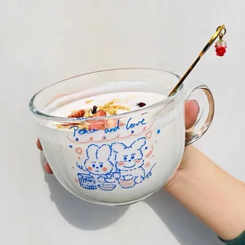 Korejski Slatka Prozirna Staklena Kava šalica za Mlijeko s Ručkom, Nije Šalice Za Doručak Velikog Kapaciteta, Čaše, Šalice Za Zobenih Pahuljica, Poklon Čaša
