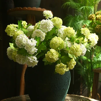 SunMade Luxury Ins Snowball Hortenzija Bujna Grana Bijelo Dekor Sobe Umjetna Svila Cvijeće sa Zelenim Lišćem Fleurs Artificielles