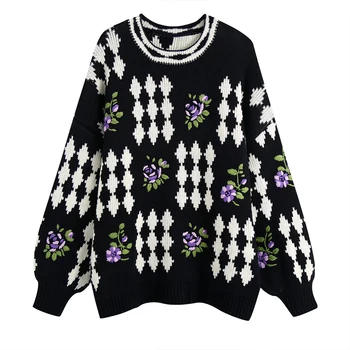 Trendi Ženski Džemper s Cvjetnog vezom, Proljeće-Jesen, Žakard pletene majice s rukavima-svjetiljke, Kardigan, pulover, Elegantan INKEO 1T098